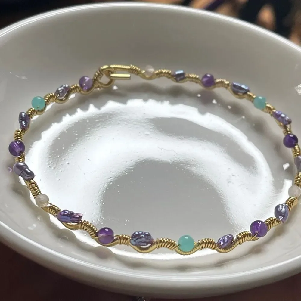 Mermaid bangle bracelet 7” gold copper core lavender dyed pearl amethyst rose qu